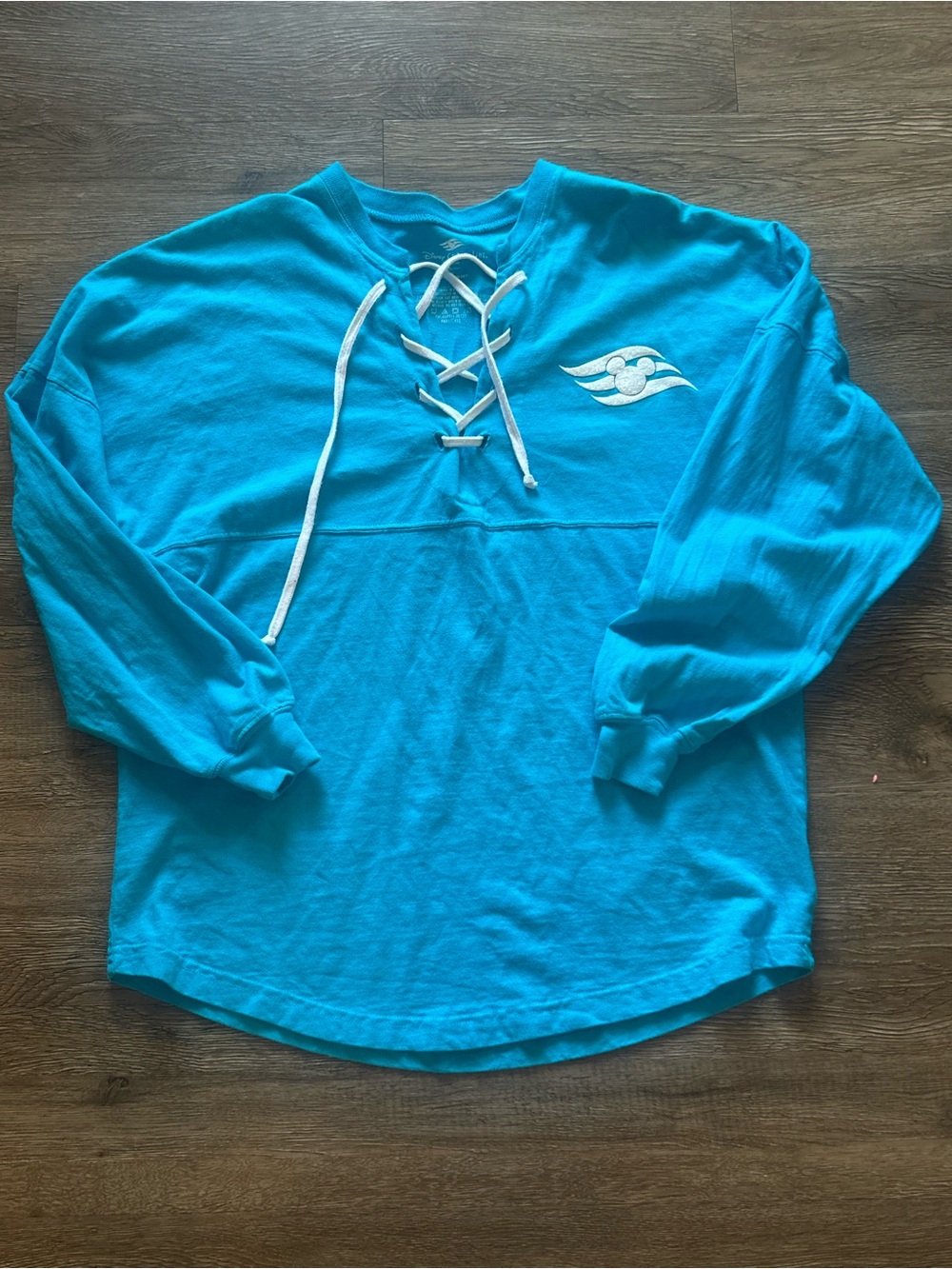 Disney Cruise Line Lace-Up Teal Long Sleeve Spirit Jersey with white glitter